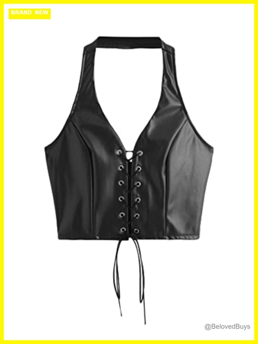 Faux Leather Crop Tank Top Halter Lace Up Grommet Knot Front Sleeveless